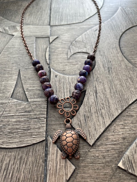 Turtle Love Necklace with Purple Jasper